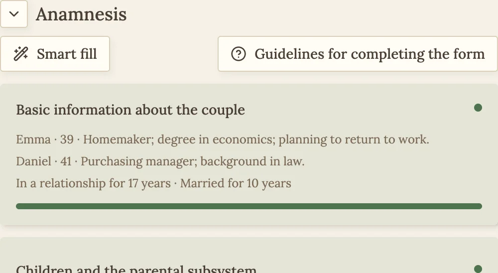 Case history blocks with completion indicators