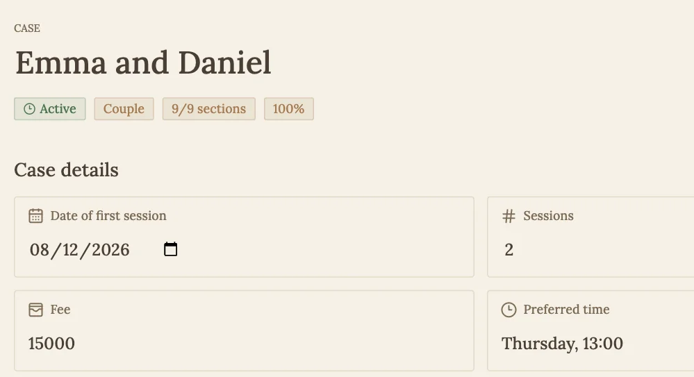 Case screen in Familumen: case list, case details, and case history blocks